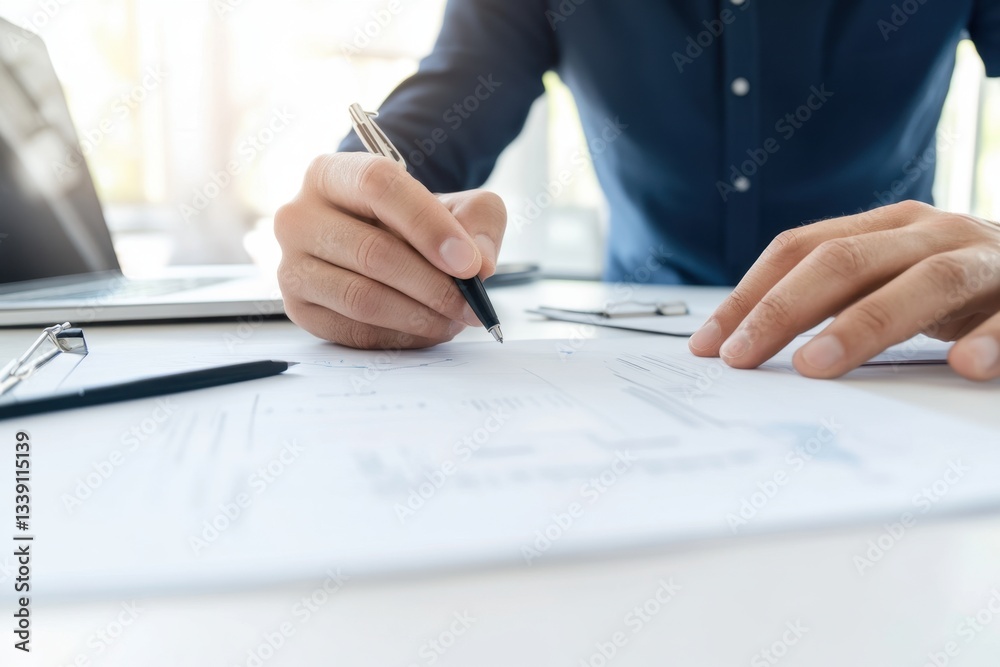 Signing documents. The person signs important documents with a pen. Working at the office Signing documents. The person signs important documents with a pen. Working at the office