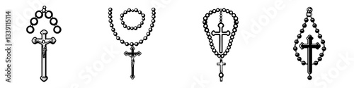Various styles of rosaries showcasing different designs and shapes featuring crosses, beads, and loops