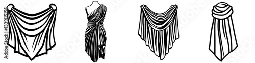 Various styles of draped fabric showcasing unique folds and garment designs for creative fashion inspiration