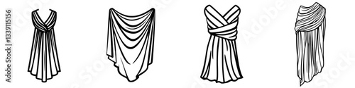 Elegant draped garments displayed in various styles showcasing timeless fashion design and artistry during a creative event