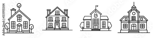 Different styles of houses and buildings displayed in a simple black and white illustration