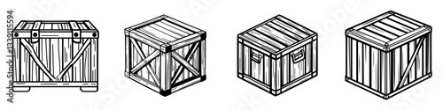 Wooden crates of various designs displayed in black and white illustration style showcasing different shapes and constructions