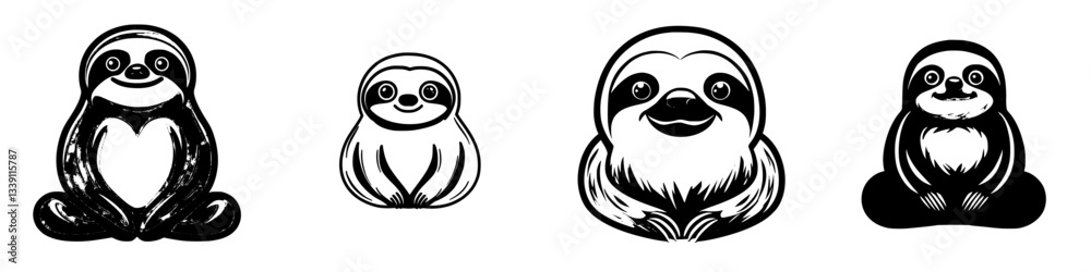 Four cartoon sloths sitting in a row, each with a unique design, isolated on a white background in a simple, black and white graphic style Four cartoon sloths sitting in a row, each with a unique design, isolated on a white background in a simple, black and white graphic style