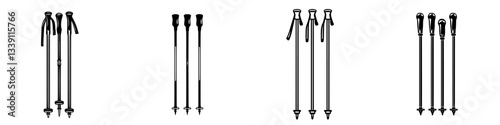 Various hiking poles lined up for display at an outdoor equipment store in the afternoon sun