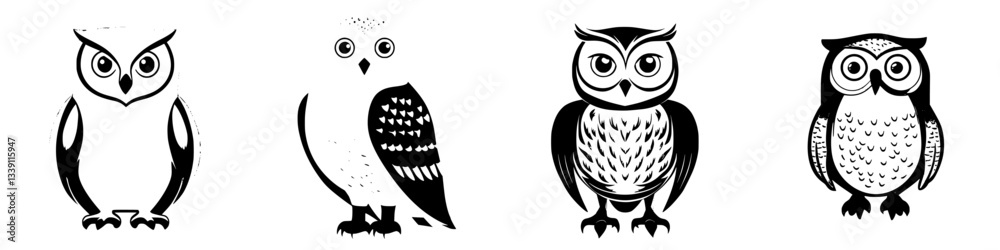 Various artistic representations of owls showcasing different styles and features in black and white Various artistic representations of owls showcasing different styles and features in black and white