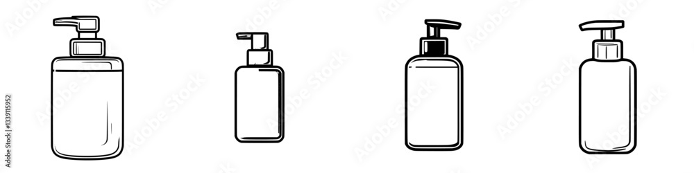 Various styles of pump bottles displayed in a simple arrangement showcasing different shapes and sizes for packaging Various styles of pump bottles displayed in a simple arrangement showcasing different shapes and sizes for packaging