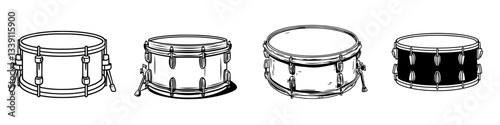 Different styles of snare drums displayed horizontally on a white background showcasing unique designs and finishes