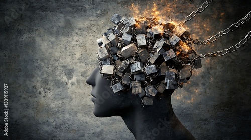 A head burdened by heavy, metallic blocks, chained and ablaze