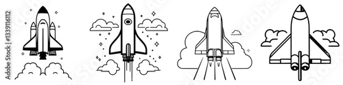 Different designs of rockets launching into the sky against a backdrop of clouds and stars during an imaginative exploration