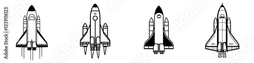 Illustrations of various rocket designs showcasing different styles and details in a minimalist format