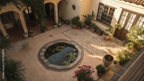 Mediterranean-style courtyard with an octagonal pond, terracotta tiles, and vibrant greenery for a classic and elegant outdoor space