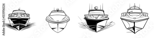 Different views of speedboats gliding across the water at a marina in summer