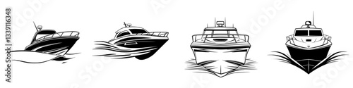 Different styles of modern boats gliding across the water in a stylized illustration showcasing marine transportation