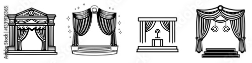Various stage designs showcasing curtains and theatrical elements in a minimalist style