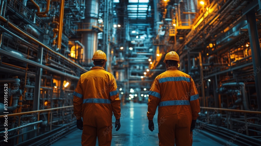Two industrial workers in safety gear stand facing away in a large refinery. Two industrial workers in safety gear stand facing away in a large refinery.