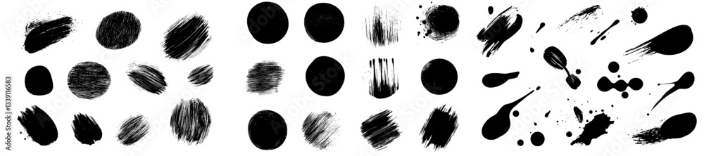 A black background with a modern abstract design consisting of splashes and splats and an ink blot texture