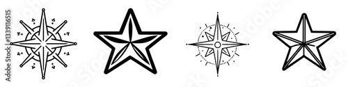 Decorative compass star designs featuring various styles and shapes created with intricate details on a blank background