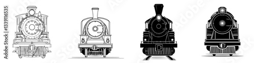 Vintage steam locomotives showcasing different designs and styles from various eras in a monochrome illustration
