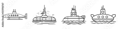 Various submarine designs showcasing different styles and functions on a white background