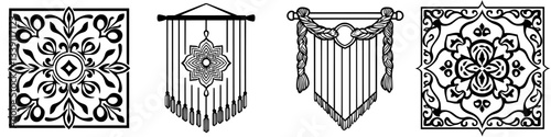 Decorative geometric wall hangings in black and white displayed in a modern interior setting
