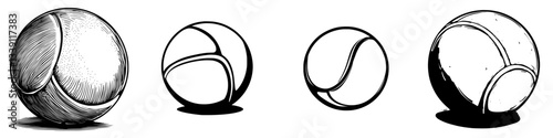 Variety of tennis balls showcasing different designs and styles in a monochrome illustration