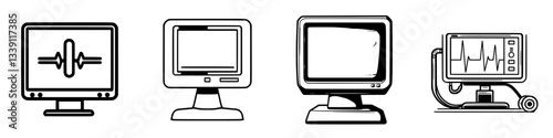 Four vintage computer monitors displaying various medical diagnostics in a digital art style