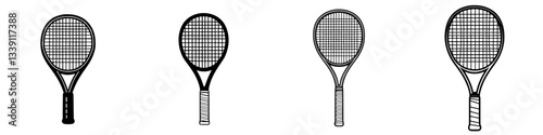 Various styles of tennis rackets arranged side by side, showcasing different designs and patterns commonly associated with the sport