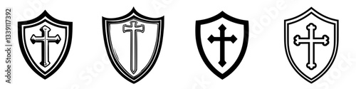 Collection of shields featuring crosses designed in various artistic styles for decorative purposes