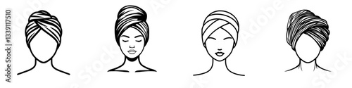 Various styles of wrapped headscarves and turbans showcased on female figures in elegant illustrations