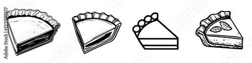 Variety of pie slices displayed in a simple illustration emphasizing different designs and flavors