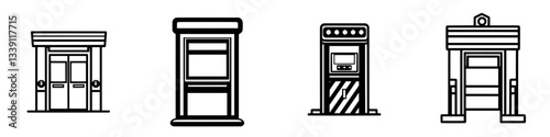 Collection of various types of public phone booths displayed in a minimalist style showing the evolution of communication points