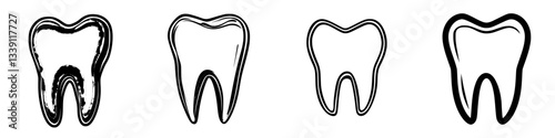 Various artistic representations of a tooth showcasing different styles and line drawings