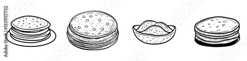 Various types of traditional flatbreads and dips arranged on plates in a simple kitchen setting