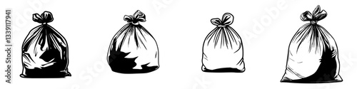 Different sizes of garbage bags varying in fullness displayed on a plain background