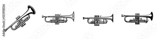 Variety of brass instruments arranged in a line showcasing different styles of trumpets