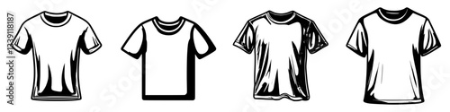 Collection of various t-shirt designs displayed in black and white with different styles and fits