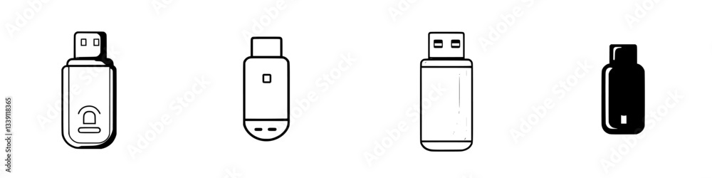 Different styles of USB drives displayed in a row on a plain background Different styles of USB drives displayed in a row on a plain background