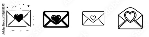 Different styles of envelopes featuring heart designs for expressing love and affection in correspondence