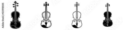 Various designs of violins showcasing different artistic styles and structural details in a creative arrangement
