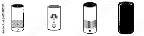 Different designs of smart speakers on a neutral background showcasing various functionalities and shapes