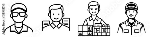 Illustrations of delivery personnel engaged in various tasks in a warehouse setting during the day