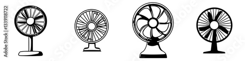 Various vintage fan designs displayed in a row illustrating different time periods and styles of cooling devices