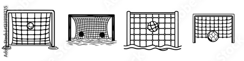 Different stages of a soccer ball entering a goal and becoming submerged in water during a game