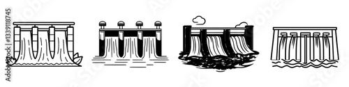 Various dam designs showcasing flowing water and structural elements common in hydraulic engineering
