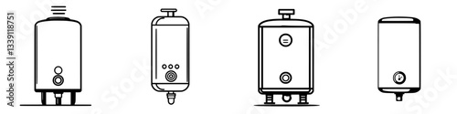 Illustration of various water heater models with distinct designs and features