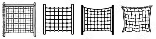 Various types of nets designed for sports and recreational activities displayed against a white background
