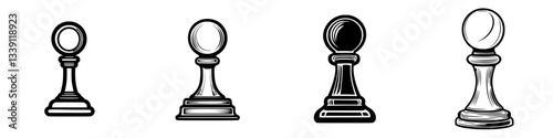 Different styles of pawn chess pieces showcasing various designs and shapes on a white background