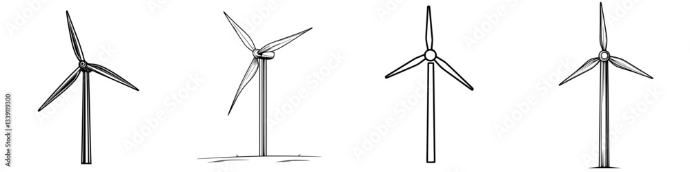 Several illustrations of wind turbines showing different angles and designs created in a minimalist style Several illustrations of wind turbines showing different angles and designs created in a minimalist style
