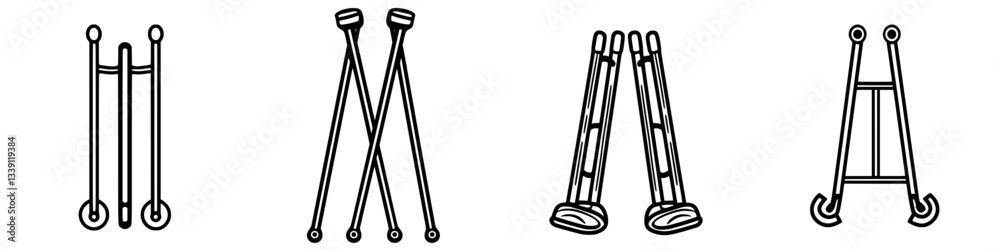 Various styles of crutches displayed on a white background, showcasing different designs and functionalities Various styles of crutches displayed on a white background, showcasing different designs and functionalities