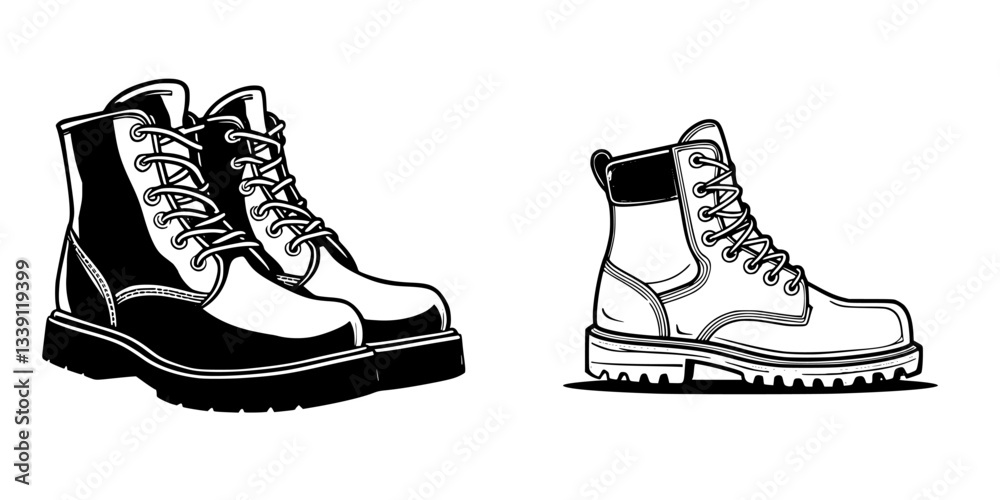 Stylish black and white work boots displayed side by side in a minimalist design for footwear enthusiasts